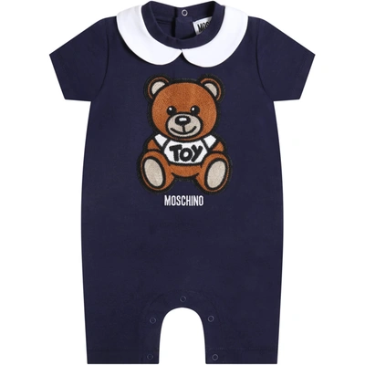 Shop Moschino Blue Romper For Babykids Witth Teddy Bear