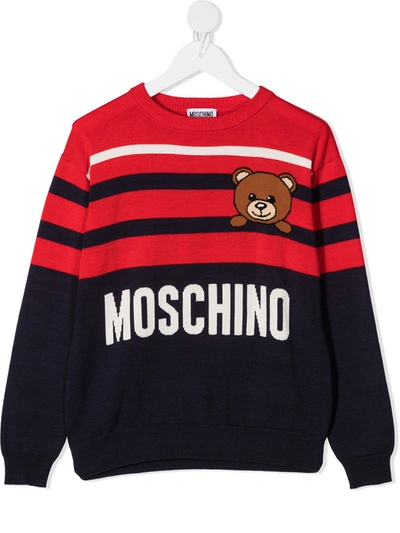 Shop Moschino Jacquard Logo Stripe Knit Jumper In Blue