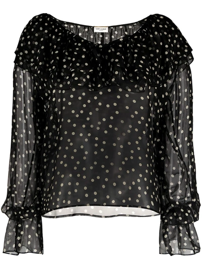 Shop Saint Laurent Ruffle-detail Polka-dot Blouse In Black