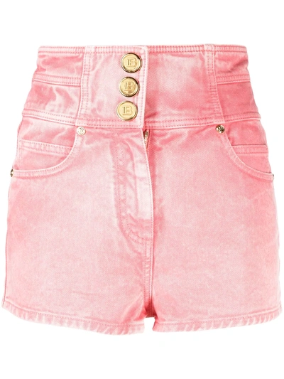 Shop Balmain High-waisted Denim Shorts In Pink