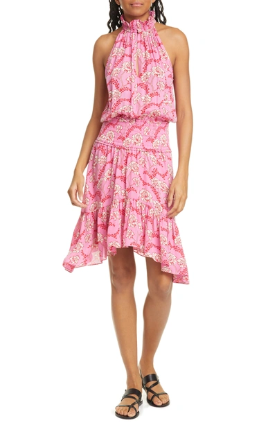 Shop A.l.c Cody Halter Neck Blouson Silk Dress In Pinkred