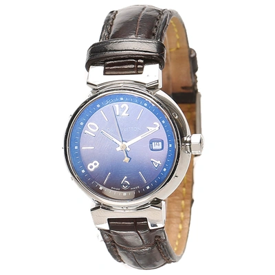 Pre-owned Louis Vuitton Blue Stainless Steel Tambour Q1211 Women's Wristwatch 28 Mm