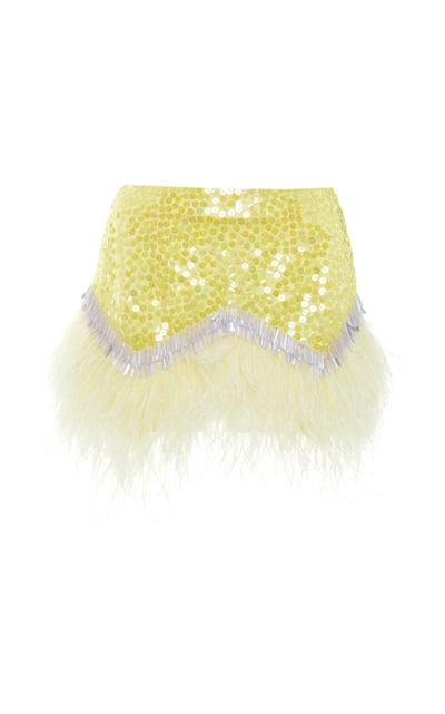 Shop Attico Embellished Feather-trimmed Crepe Skirt In Yellow
