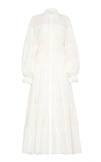 Shop Aje Serenity Tiered Cotton Maxi Shirt Dress In White