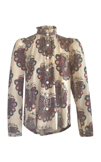Shop Alix Of Bohemia Annabel Puff-sleeve Peacock-printed Cotton Top