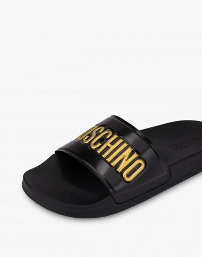 Shop Moschino Pool Slides Gold Logo In Black