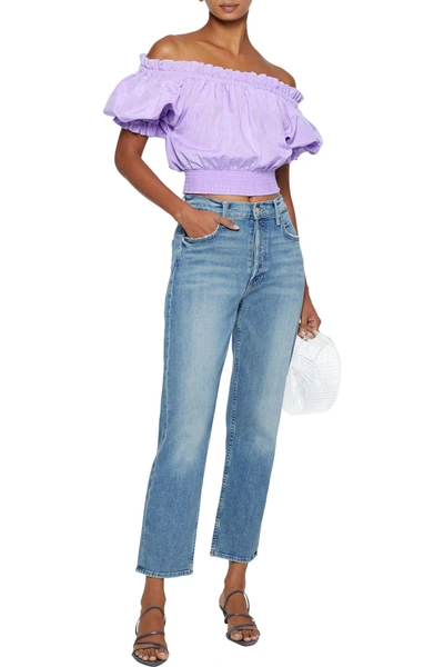 Shop Alice And Olivia Caprina Off-the-shoulder Cotton-blend Moire Top In Lavender