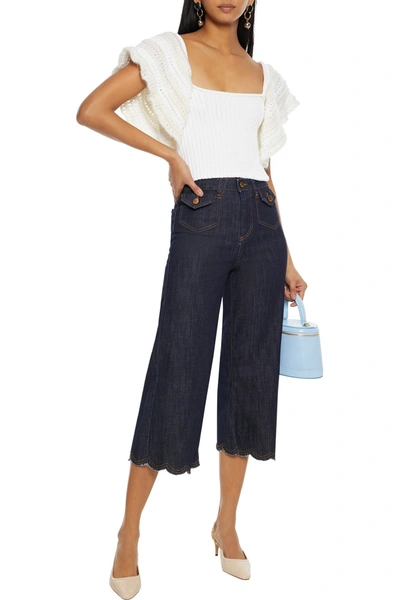 Shop Red Valentino Cropped Scalloped Mid-rise Wide-leg Jeans In Dark Denim