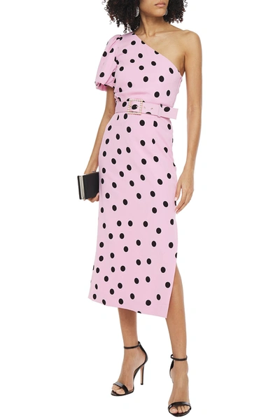 Shop Rebecca Vallance Mattel One-shoulder Belted Polka-dot Crepe Midi Dress In Pink