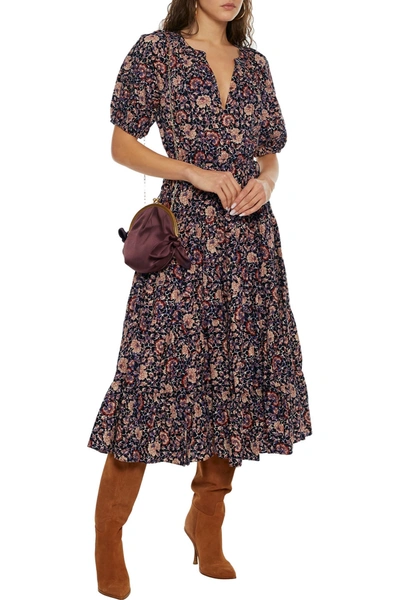 Shop Ulla Johnson Claribel Gathered Floral-print Cotton-blend Midi Dress In Multicolor