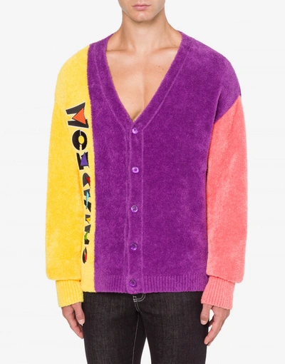 Shop Moschino Cotton Velor Cardigan Color Block In Purple