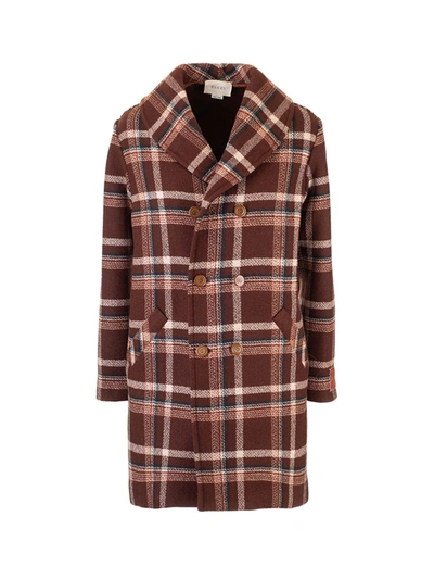 Shop Gucci Coat With Check Pattern In Brown