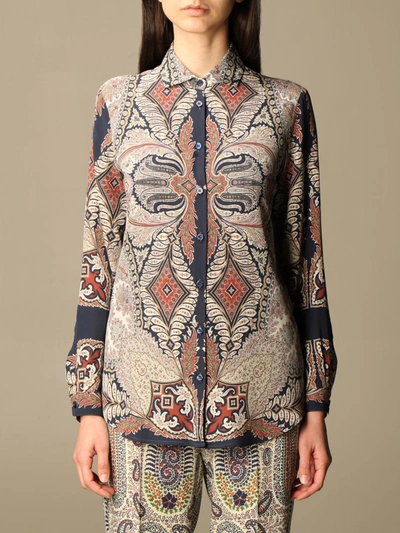 Shop Etro Shirt In Paisley Patterned Silk In Blue
