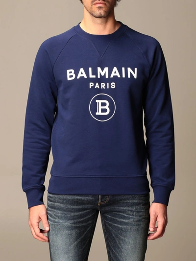 Shop Balmain Cotton Sweatshirt With Logo In Blue