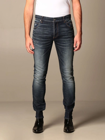 Shop Balmain Jeans In Used Stretch Denim With Logo In Blue