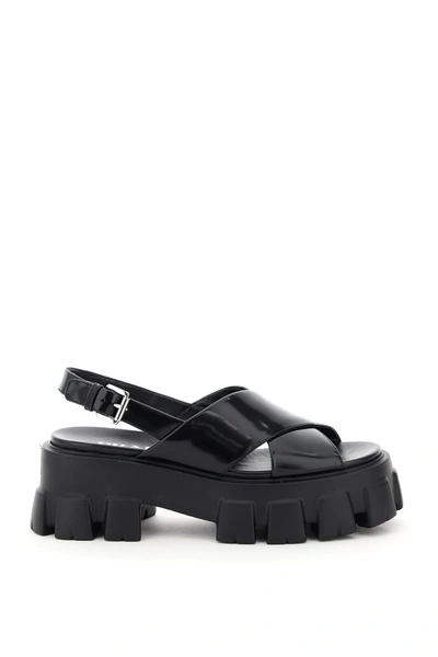 Shop Prada Criss Cross Monolith Sandals In Nero (black)