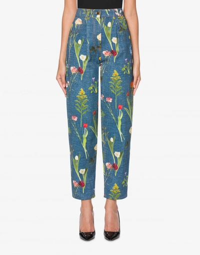 Shop Boutique Moschino Botanic Print Drill Cropped Trousers In Blue