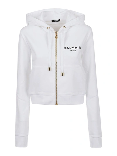 Shop Balmain Logo Cropped Hoodie In White