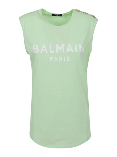 Shop Balmain Printed Logo Tank Top In Green