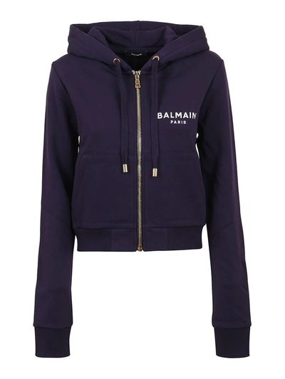 Shop Balmain Logo Cropped Hoodie In Blue