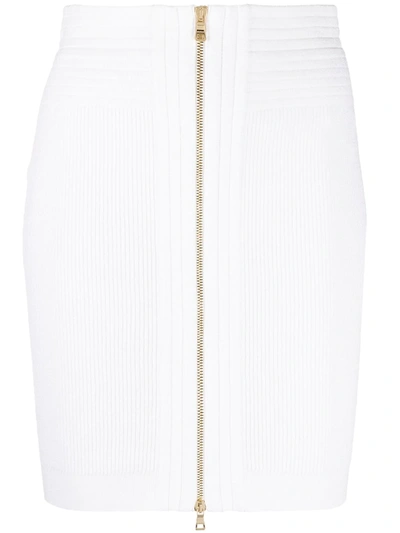 Shop Balmain Knitted Zipped Mini Skirt In White