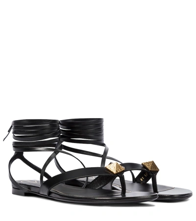Shop Valentino Roman Stud Leather Thong Sandals In Black