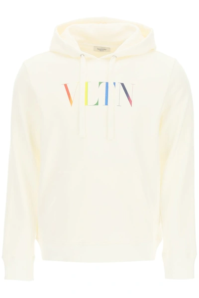 Shop Valentino Hooded Sweatshirt With Multicolor Vltn Print In Bianco Vltn Multicolors