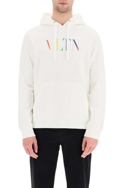 Shop Valentino Hooded Sweatshirt With Multicolor Vltn Print In Bianco Vltn Multicolors