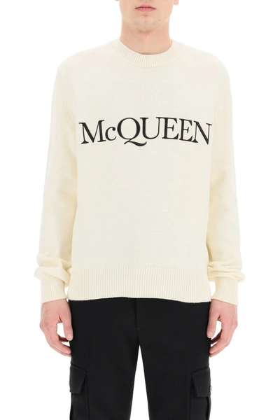 Shop Alexander Mcqueen Cotton Sweater With Logo Embroidery In Black Ivory White