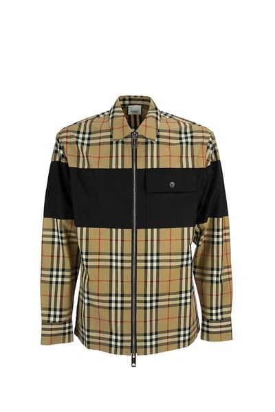 Shop Burberry Contrast Panel Check Cotton Shirt Jacket Hazelwood In Archive Beige