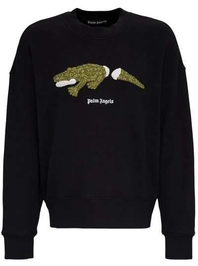 Shop Palm Angels Cotton Sweatshirt With Crocodile Print In Black
