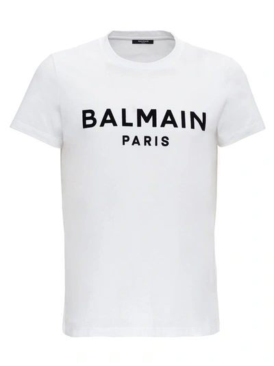 Shop Balmain Flocked Logo Tee In White
