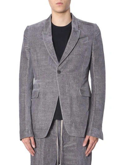Rick Owens Textured Grey Velvet Single-breasted Jacket In Gray