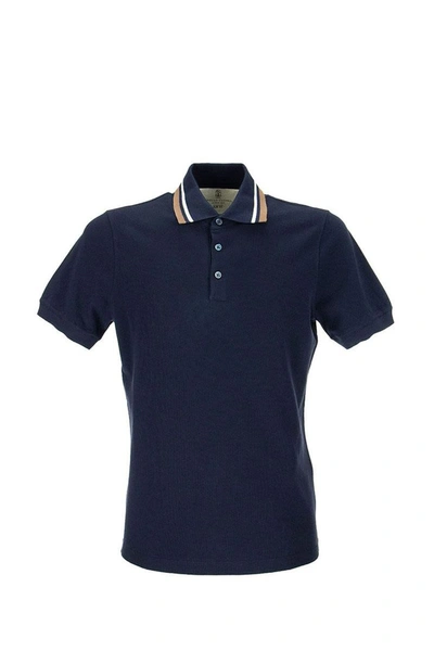 Shop Brunello Cucinelli Cotton Piqué Slim Fit Polo Shirt With Striped Knit Collar In Blue