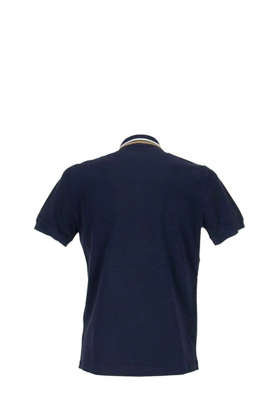 Shop Brunello Cucinelli Cotton Piqué Slim Fit Polo Shirt With Striped Knit Collar In Blue