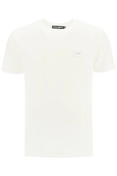 Shop Dolce & Gabbana Cotton T-shirt With Logo Plaque In Bianco Ottico
