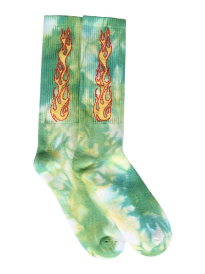 Shop Palm Angels Socks With Flames Logo In Green