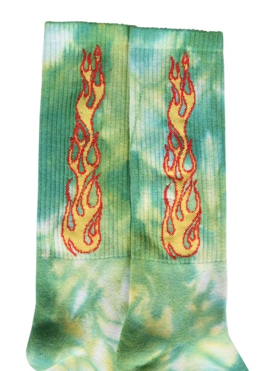 Shop Palm Angels Socks With Flames Logo In Green