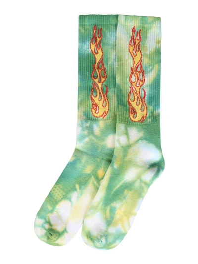 Shop Palm Angels Socks With Flames Logo In Green