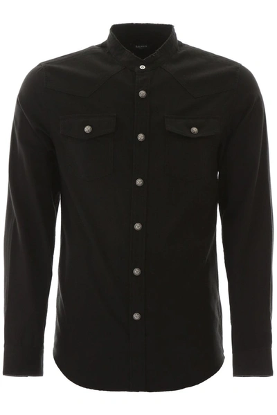 Shop Balmain Used-effect Denim Shirt In Noir
