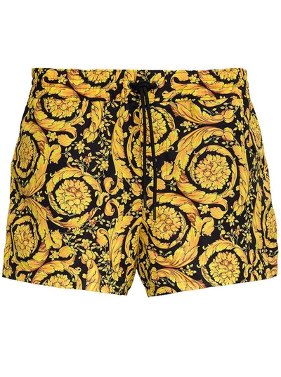 Versace Yellow And Black Swim Trunks With All-over Baroque Print In Nylon Man In Black