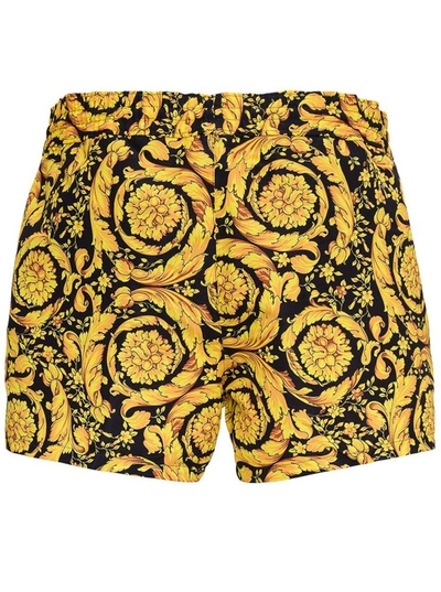 Versace Yellow And Black Swim Trunks With All-over Baroque Print In Nylon Man In Black