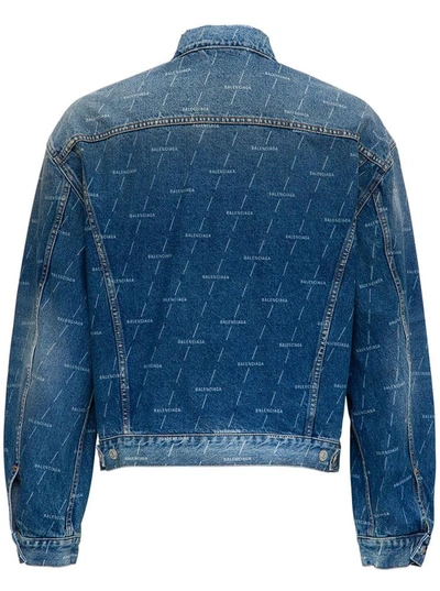Shop Balenciaga Denim Jacket With Allover Logo In Blu
