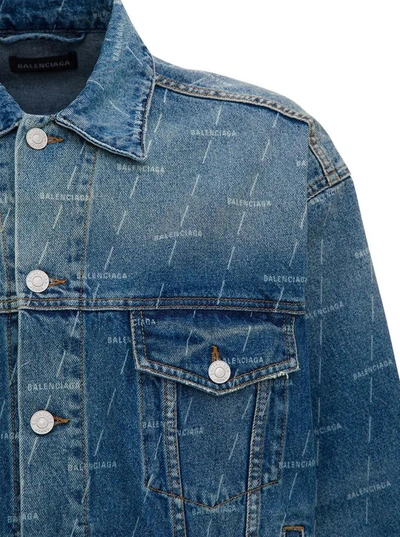 Shop Balenciaga Denim Jacket With Allover Logo In Blu