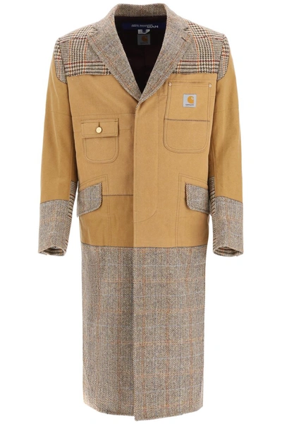 Shop Junya Watanabe Patchwork Coat In Brown X Beige