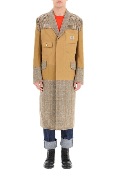 Shop Junya Watanabe Patchwork Coat In Brown X Beige