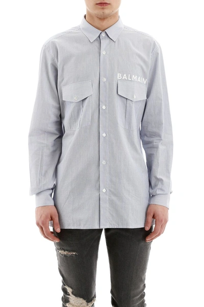 Shop Balmain Striped Shirt With Logo In Bleu Blanc