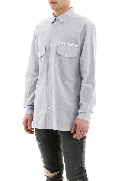 Shop Balmain Striped Shirt With Logo In Bleu Blanc