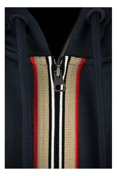 Shop Burberry Lexington - Cotton Sweatshirt With Hood And Iconic Striped Detail In Navy