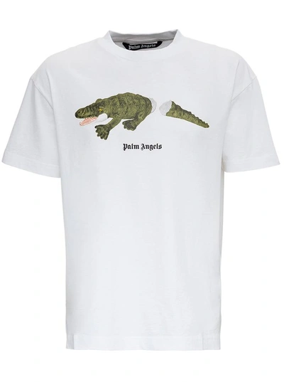 Shop Palm Angels Jersey T-shirt With Crocodile Print In White